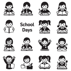 School days. Pictogram icon set. School children. Vector Black silhouettes. with white background