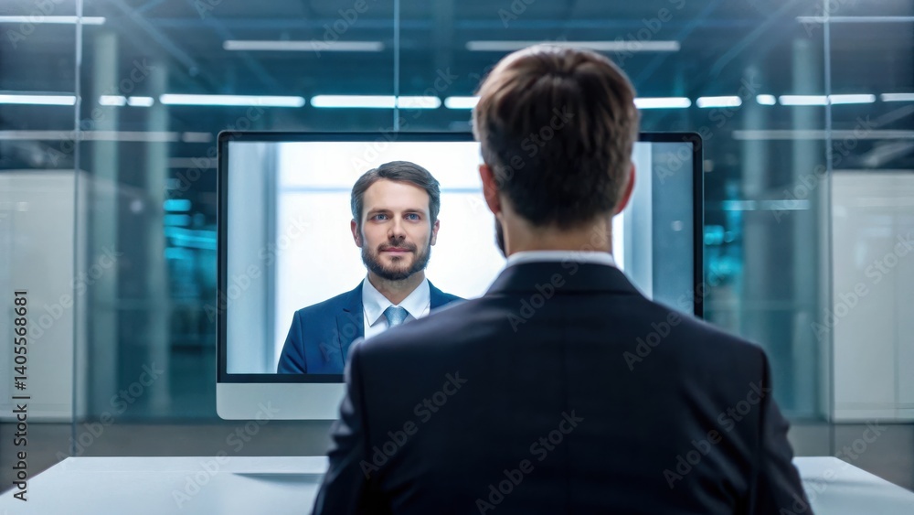 Poster a man in a suit interacts with another man via video call, showcasing a modern professional workspac