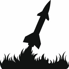 rocket silhouette launching with bright flames bel