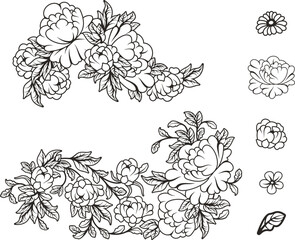 Fototapeta premium Vector Chinese floral ornamental doodle sets for spring, summer and wedding decorative designs. Flowers, roses, daisies, garlands, wreaths, leaves, design elements. Romantic, bridal theme, Asian style