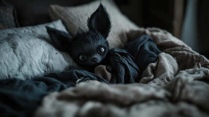 Black bat doll nestled in a bed