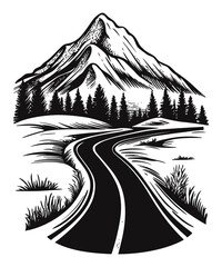 Serene Mountain Engraving with Meandering Road and Forest Landscape