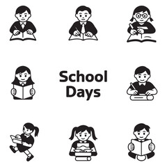School days. Pictogram icon set. School children. Vector Black silhouettes. with white background