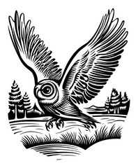 Elegant Owl Engraving with Wings Spread Against a Forest Background