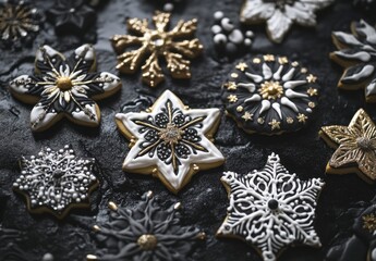 Elegant Black and White Winter Cookies in Various Star Shapes
