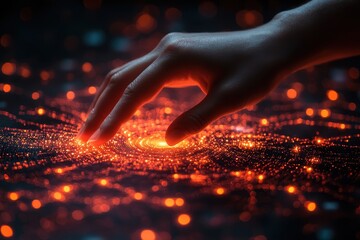 Hand touching glowing digital interface illustrating technology and connection in futuristic setting