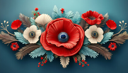 commemorative wreaths and poppies for veterans day isolated on a soft blue gradient background