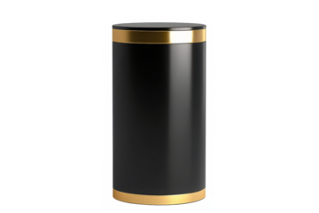 Tall black cylindrical pedestal with a gold accent The sleek and minimal design offers a modern luxurious aesthetic perfect for contemporary interiors Isolated on transparent background.