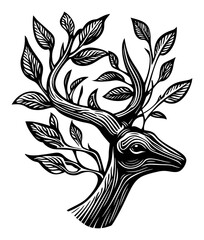 Obraz premium Elegant Engraving of a Deer Surrounded by Intricate Leaf Patterns