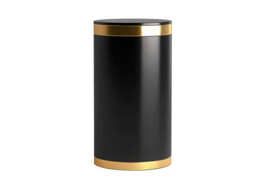 Tall black cylindrical pedestal with a gold accent The sleek and minimal design offers a modern luxurious aesthetic perfect for contemporary interiors Isolated on transparent background.