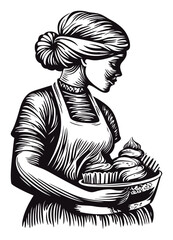 Woman with Cupcakes in Engraving Style Art Illustration