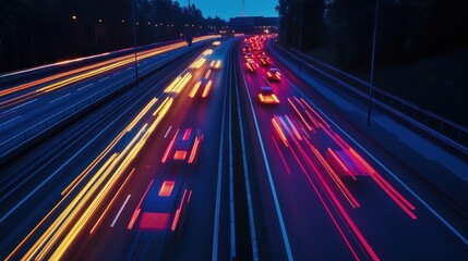Dynamic vehicular flow on a highway at twilight captured with motion blur effects