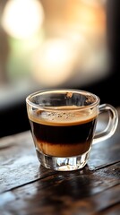 Latte Macchiato in Clear Glass Mug on Wooden Table with Soft Background Lighting