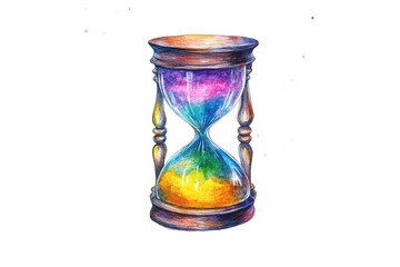 Watercolor Hourglass with Rainbow-Colored Sand Creative Representation of Time's Passage on Transparent Background.