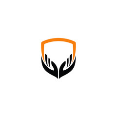 shield logo with hand in flat design style
