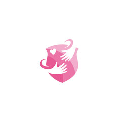 Hand care logo with shield combination in pink color flat design style