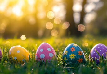 Colorful Easter Eggs on Green Grass with Soft Background Bokeh