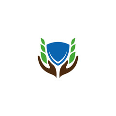 shield logo with hand and leaf combination in flat design style