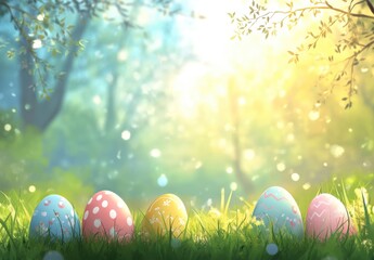 Colorful Easter Eggs on Grass with Soft Spring Background
