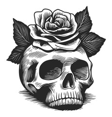 Engraving of Skull with Rose and Leaves in Black and White Art