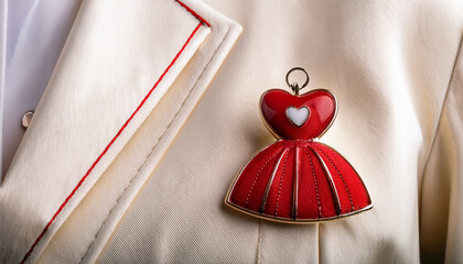 a close up of a red dress pin adorned with a small heart emblem symbolizing support for national wear red day on a white blazer
