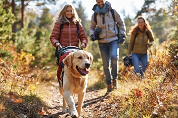 A family walking along a wooded trail with their dog leading the way