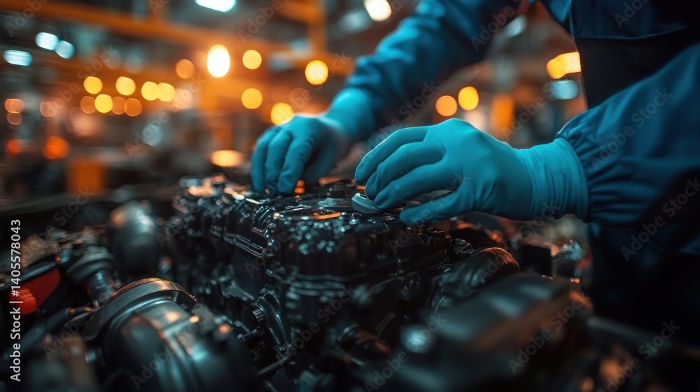 Poster mechanic working on engine in factory