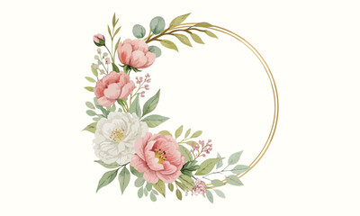 Watercolor Floral Wreath with Pink Peonies and Green Leaves