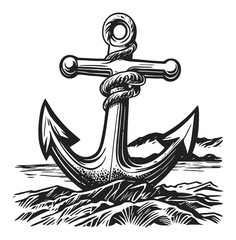 Engraved Anchor Design with Rope Detail on Rocky Shoreline Scene