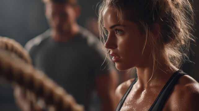 Strong woman engages in intense battle ropes workout at fitness studio