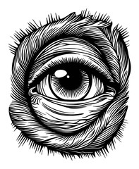 Obraz premium Intricate Engraving of an Eye Surrounded by Flower Petals and Leaves