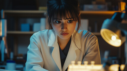 Female Medical Professional Analyzing DNA Samples Under Microscope in Modern Laboratory Setting (2)