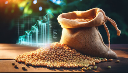 soybean grains cascading into a burlap sack illuminated by holographic graphics depicting yield statistics futuristic agricultural style soft glow digital artistry