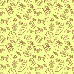 Seamless pattern of various fast food illustrations in black line art on a yellow background. Modern look suits casual food themes. Ideal for packaging, wrapping paper, or restaurant decorations.