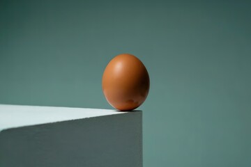 Fragile brown egg balanced precariously on the sharp corner edge of a white block against a plain teal background, symbolizing risk, balance, instability, and fragility.