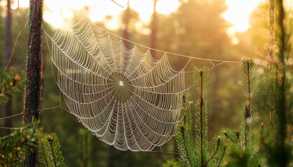 dew covered spider web with intricate details reflecting light in a morning forest