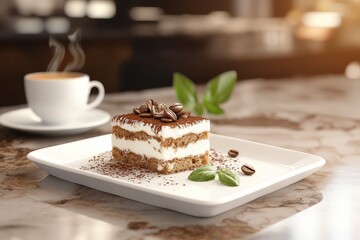 A delectable slice of tiramisu on a white plate, garnished with coffee beans.