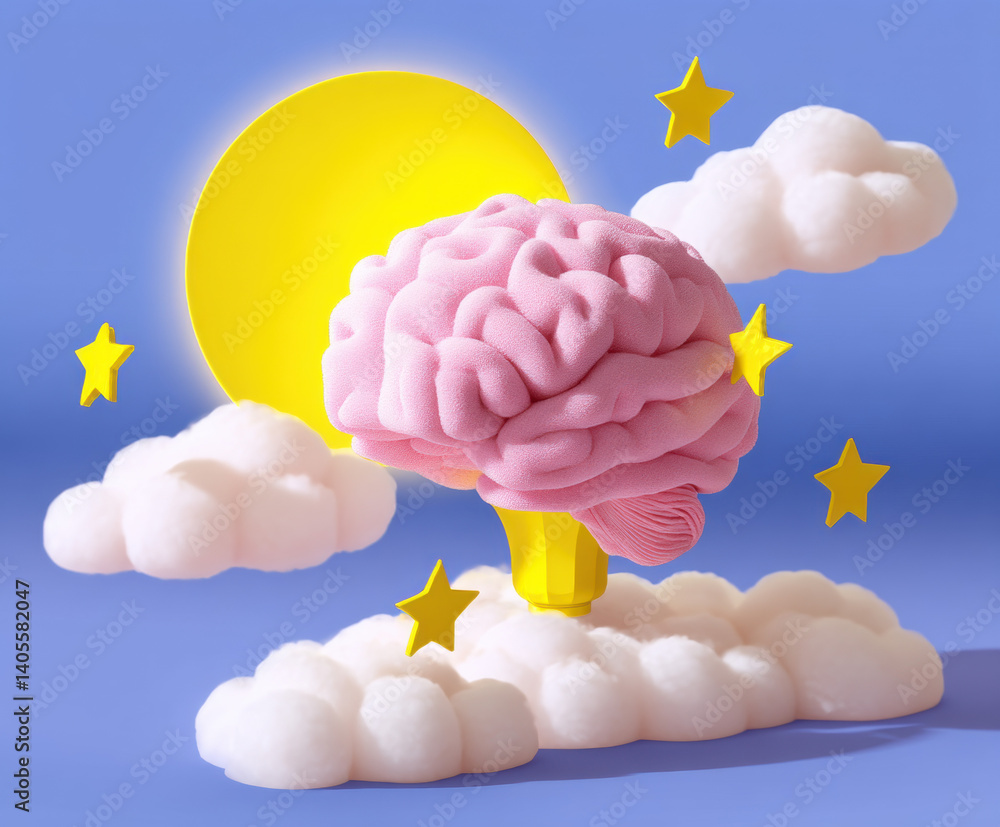 Poster brain 3d, a vibrant flat illustration depicting the interplay between brain function and creativity,