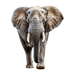 Fototapeta premium High-resolution image of a gray elephant facing forward with detailed wrinkled skin, large ears, and white tusks, standing on a transparent background
