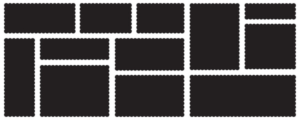 Zigzag and Wavy Geometric Shapes, with scallop edge shape. Rectangle shape frame with zigzag edge. Silhouette rectangular text boxes with curved borders.