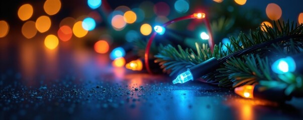 Vibrant blue and yellow Christmas lights entwined with red and green strands on a festive holiday background , red, entwined, decorative