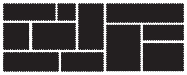 Set of frame shapes with scallop and zigzag edges. Zig Zag Edge Geometric Borders Tag Boxes. Wiggle Line Design Sign Background. Silhouette rectangular text boxes with curved borders.