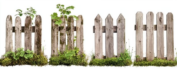 Obraz premium Rustic Wooden Fence Panels with Greenery and Moss Growth