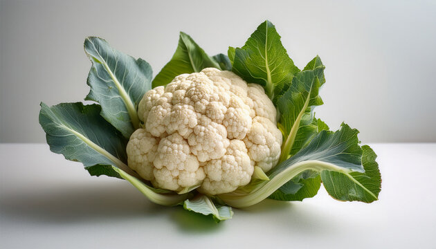 a fresh cauliflower with leaves on a light background