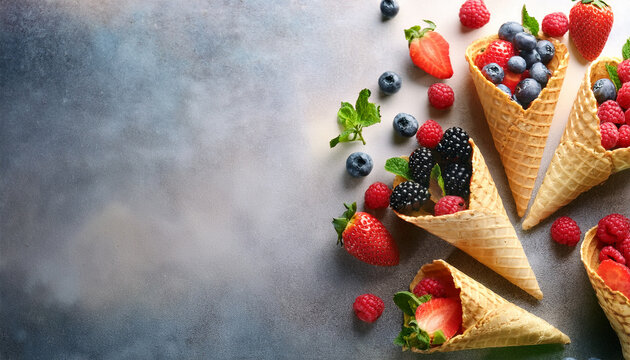 refreshing summer breakfast featuring crispy waffle cones and colorful fresh berries on a soft stone backdrop ideal for ads