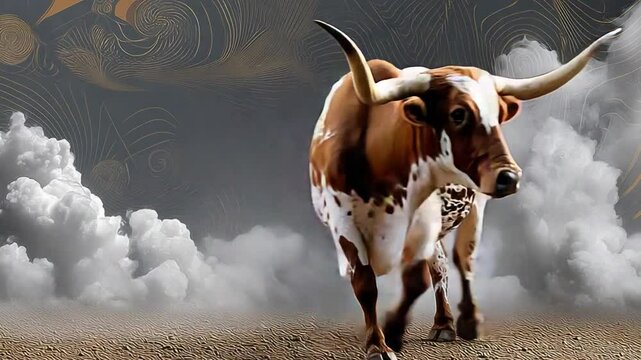 Majestic Longhorn Bull: A formidable longhorn bull, with its impressive horns and robust frame, strides confidently against a backdrop of dynamic clouds.