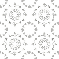 Decorative gray and white floral pattern with hearts, ideal for modern design projects and textile applications