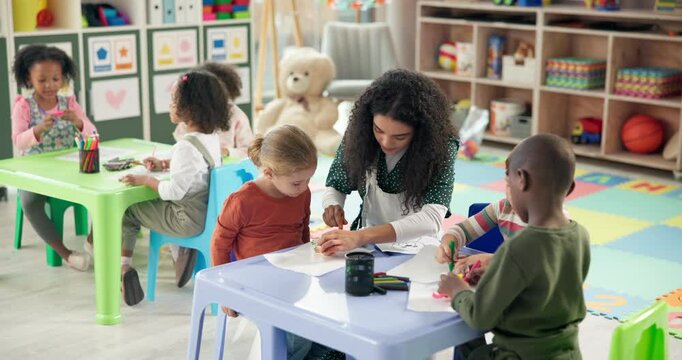 Woman, teacher and helping children in kindergarten, classroom or early childhood development. Female person, educator or instructor with kids or drawing for youth, fun activity or coloring at school