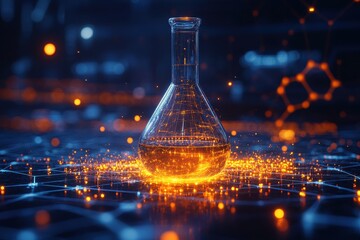Glowing laboratory flask filled with orange liquid in a futuristic tech setting at night