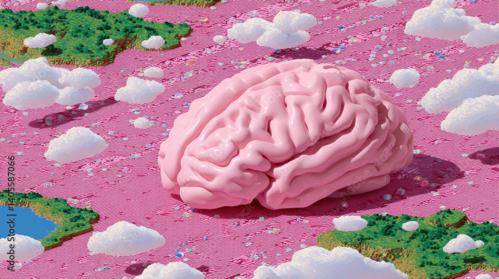 Poster brain 3d, digital illustration depicting chaos in a brain within a digital world, emphasizing high f